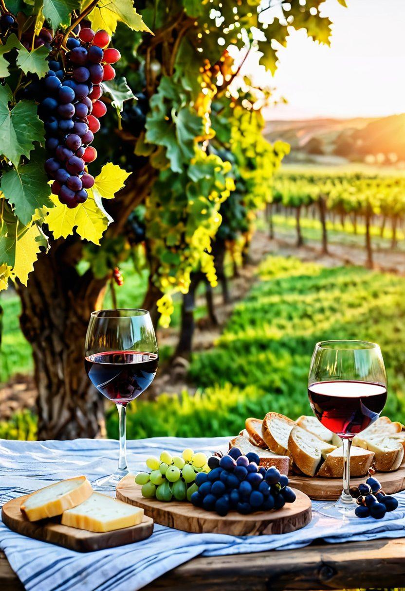 A picturesque vineyard landscape at sunset, showcasing rows of grapevines laden with ripe grapes. Include a close-up of a crystal wine glass filled with deep red wine, reflecting the vibrant colors of the vineyard. Add a rustic wooden picnic table adorned with cheese, olives, and bread to evoke a sensory dining experience. Supplement with a serene countryside backdrop and soft golden light. super-realistic. vibrant colors. 3D.