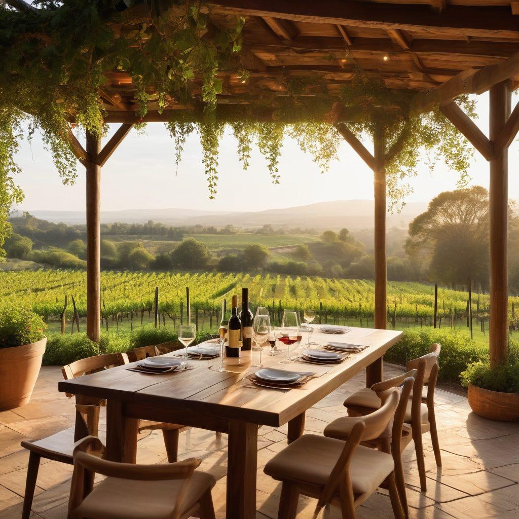A rustic wooden table set outdoors under a vine-covered pergola, showcasing an elegant array of wine bottles and glasses filled with various wines. In the background, lush vineyards stretch into the horizon, with a golden sunset illuminating the scene. Include a wine tasting flight with tasting notes neatly displayed beside the glasses, evoking a sense of adventure and relaxation. super-realistic. warm tones. soft focus.