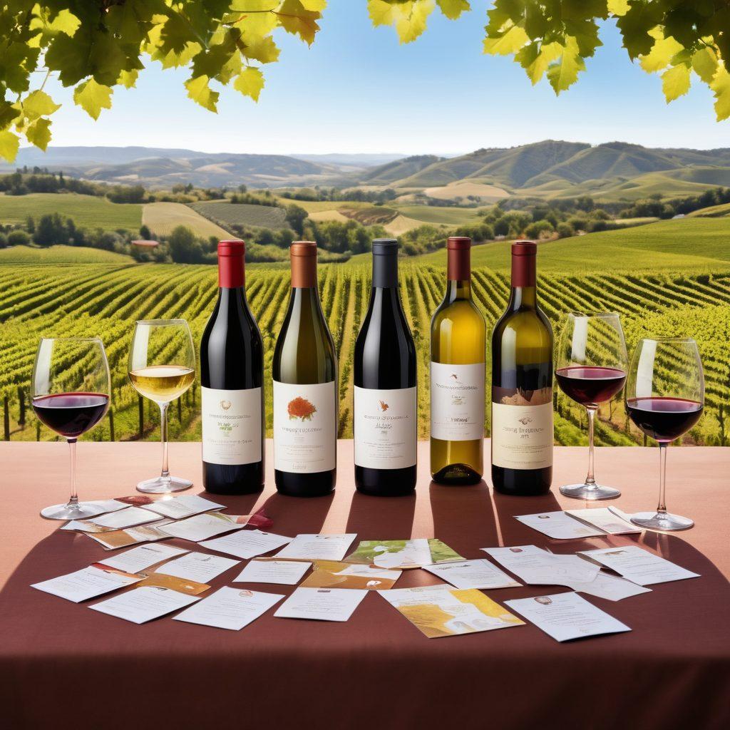 A beautifully arranged flat lay of various wine bottles and glasses, surrounded by vineyards with rolling hills in the background and bright, sunny skies. Include wine rating cards and event flyers strewn artistically, enhancing the ambience of a lively wine tasting scene. Incorporate a diverse group of people raising their glasses in celebration. super-realistic. vibrant colors. natural light.